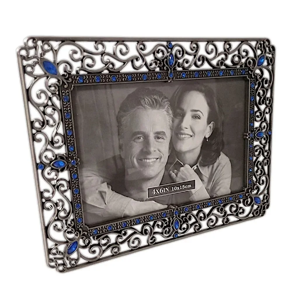 Picture Frame Ornate Metal Jewels Rhinestone Photo 4x6 Silver Tone Fairy Cottage